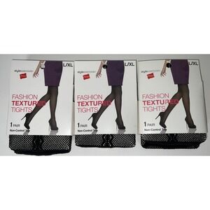 NIP Lot 3 Pairs Hanes Stylessentials Fashion Textured Fishnet Tights Black L/XL‎
